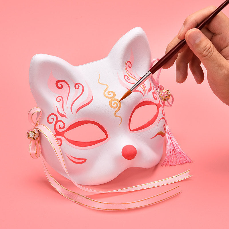 Hand-Painted Kitsune Cat Fox Mask — Japanese Cosplay & Halloween