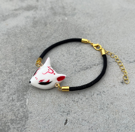 Kitsune Fox Mask Bracelet — Handpainted Ceramic & Gold