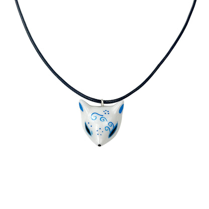 Hand-Painted Ceramic Kitsune Fox Necklace — Artisan Pendant Jewelry