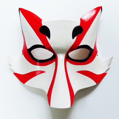 Hand-painted red and white leather Kitsune fox mask – front view, Japanese wafū spirit mask for cosplay and Halloween
