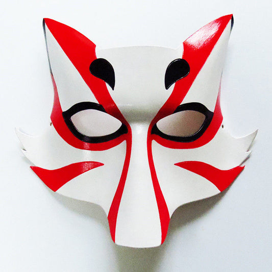 Hand-painted red and white leather Kitsune fox mask – front view, Japanese wafū spirit mask for cosplay and Halloween