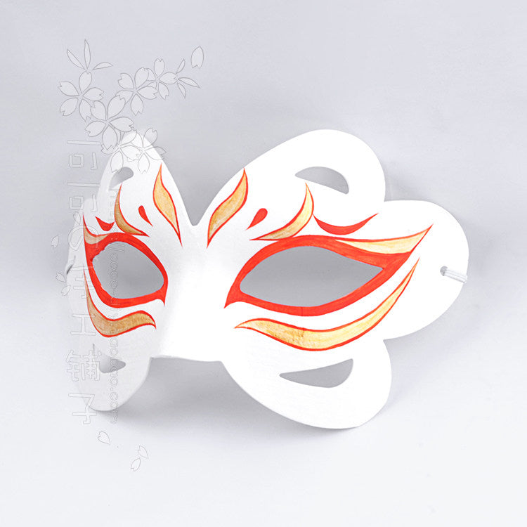 Handpainted white kitsune fox half mask with red and gold flame markings, paper mache cosplay mask in traditional Japanese style