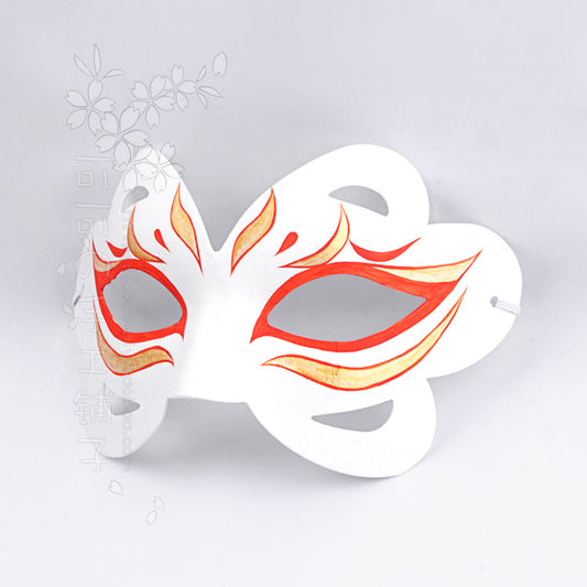 Handpainted white kitsune fox half mask with red and gold flame markings, paper mache cosplay mask in traditional Japanese style