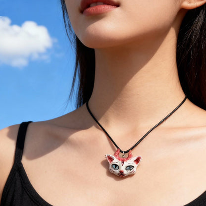 Demon Cat Whisper Ceramic Necklace | Hand-Painted Punk Couples Pendant | Kiln-Fired Artisan Jewelry