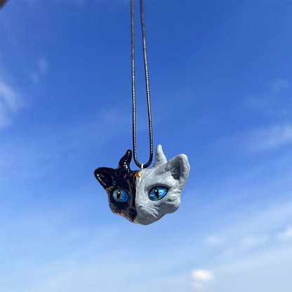 Demon Cat Whisper Ceramic Necklace | Hand-Painted Punk Couples Pendant | Kiln-Fired Artisan Jewelry