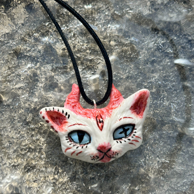 Demon Cat Whisper Ceramic Necklace | Hand-Painted Punk Couples Pendant | Kiln-Fired Artisan Jewelry