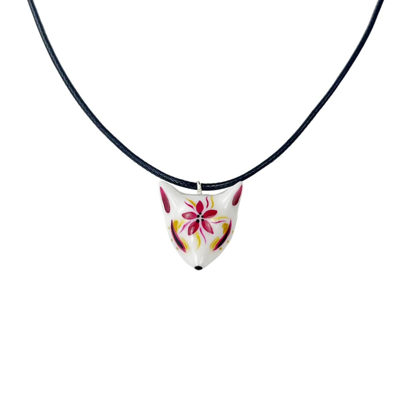 Hand-Painted Ceramic Kitsune Fox Necklace — Artisan Pendant Jewelry