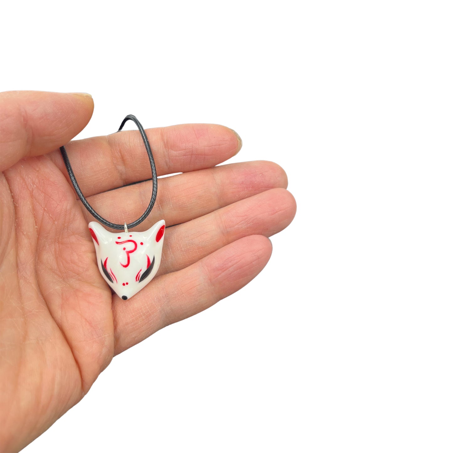Hand-Painted Ceramic Kitsune Fox Necklace — Artisan Pendant Jewelry