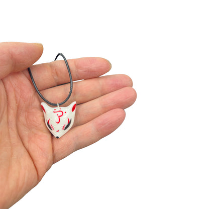 Hand-Painted Ceramic Kitsune Fox Necklace — Artisan Pendant Jewelry