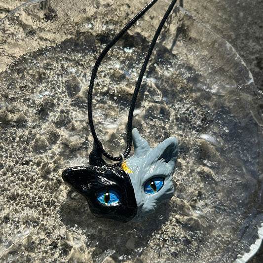 Demon Cat Whisper Ceramic Necklace | Hand-Painted Punk Couples Pendant | Kiln-Fired Artisan Jewelry