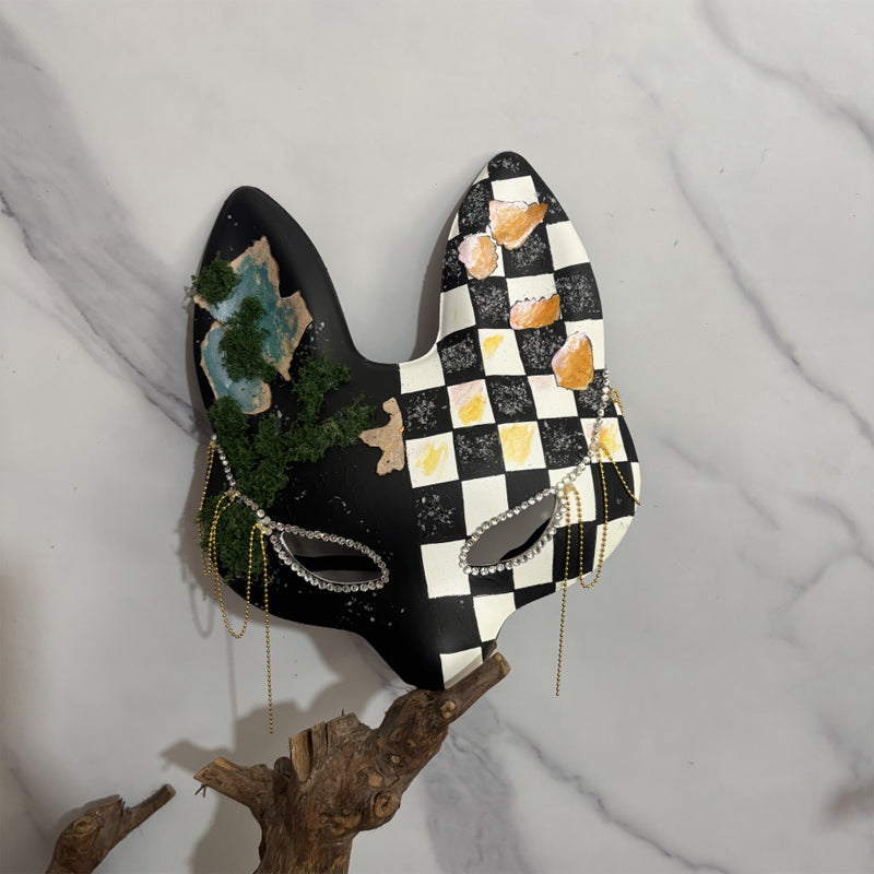Checkerboard Kitsune Fox Mask – Handmade Half-Face Fox Mask with Moss, Gold Foil & Crystal Chain