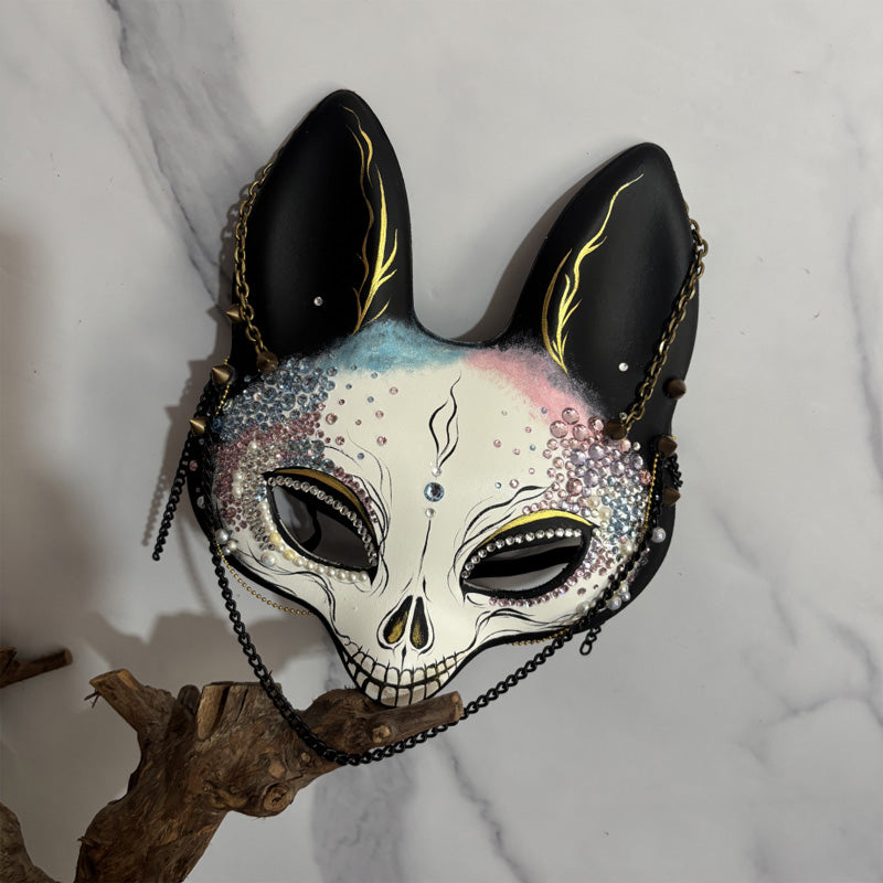 Dark Skull Kitsune Fox Mask – Handmade Hand-Painted Gothic Fox Mask with Rhinestones & Chains