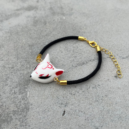 Kitsune Fox Mask Bracelet — Handpainted Ceramic & Gold