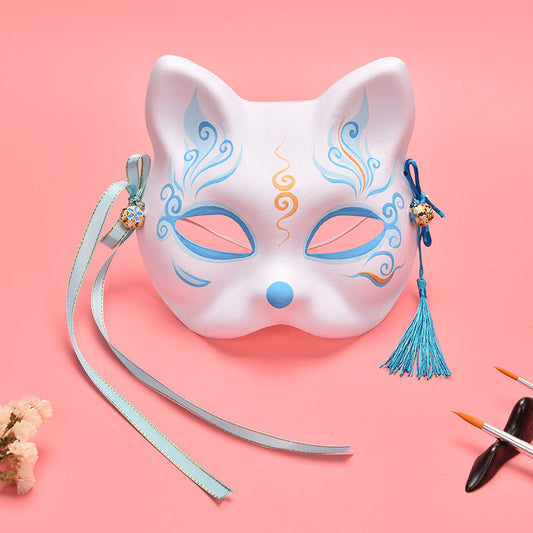 Hand-Painted Kitsune Cat Fox Mask — Japanese Cosplay & Halloween