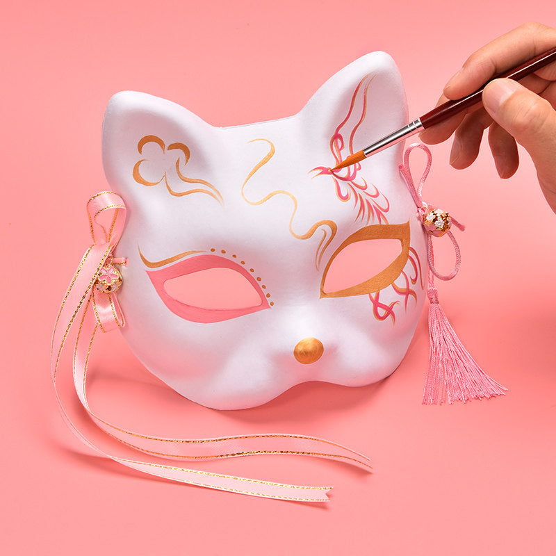 Hand-Painted Kitsune Cat Fox Mask — Japanese Cosplay & Halloween