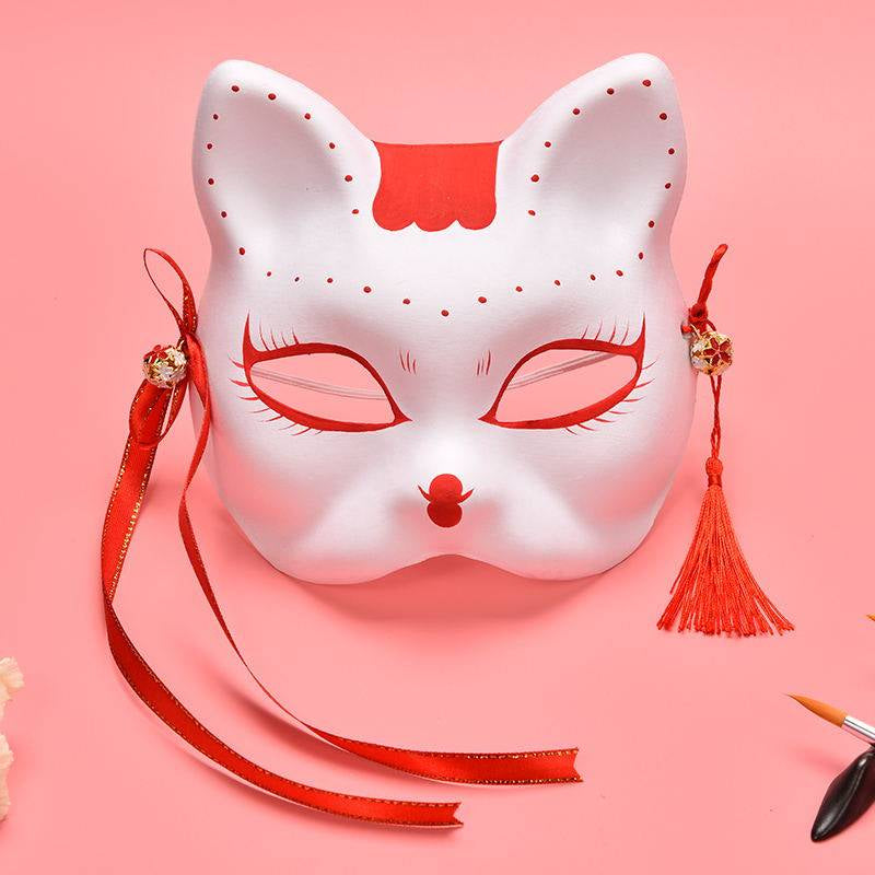 Hand-Painted Kitsune Cat Fox Mask — Japanese Cosplay & Halloween