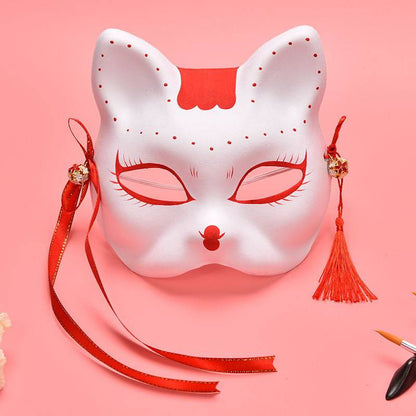 Hand-Painted Kitsune Cat Fox Mask — Japanese Cosplay & Halloween