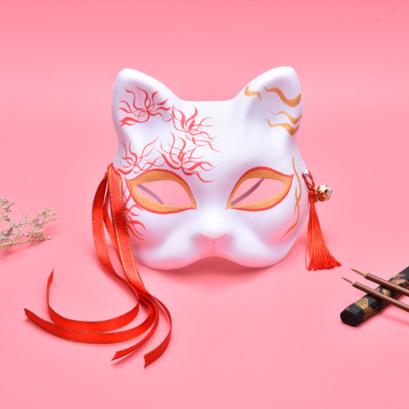 Hand-Painted Kitsune Cat Fox Mask — Japanese Cosplay & Halloween