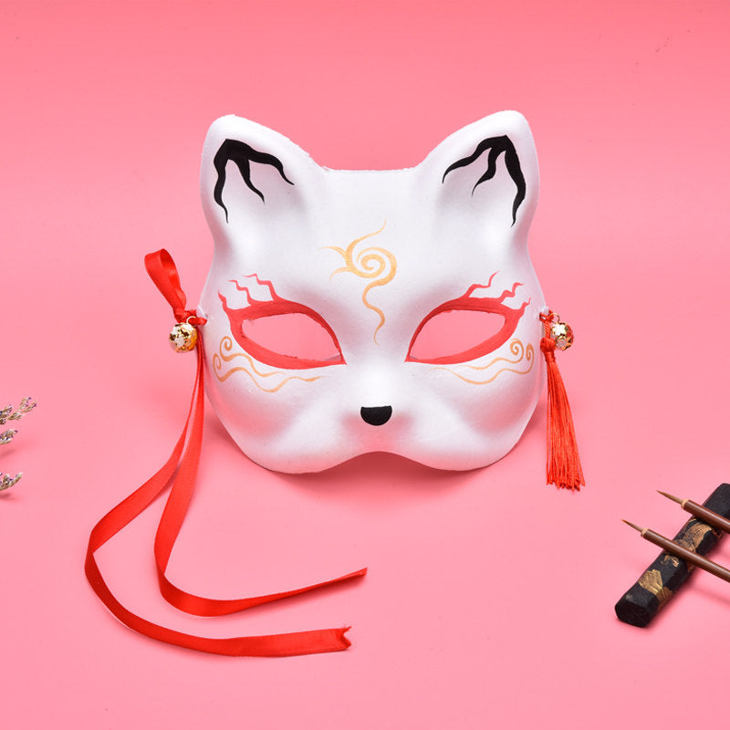 Hand-Painted Kitsune Cat Fox Mask — Japanese Cosplay & Halloween