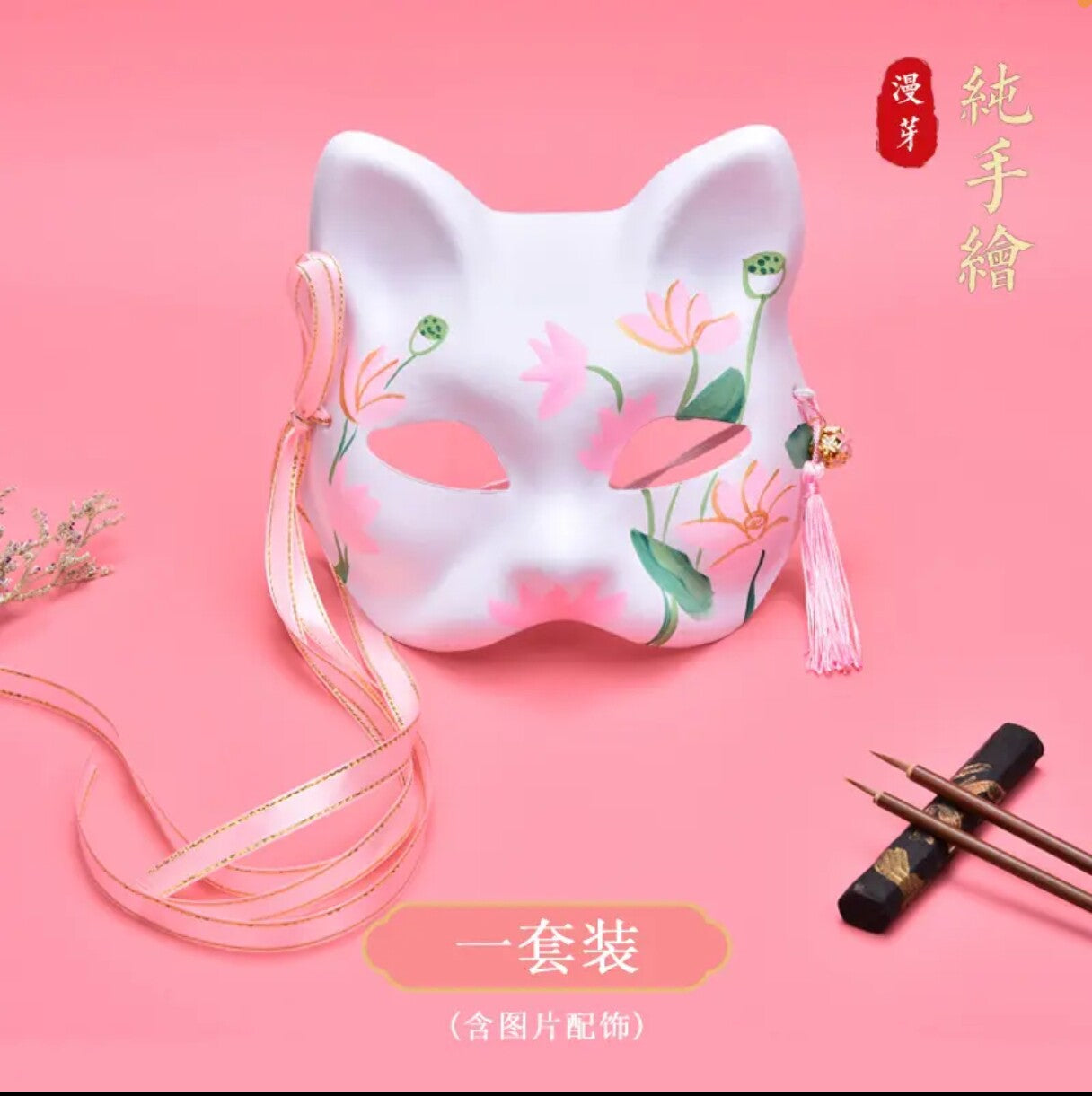 Hand-Painted Kitsune Cat Fox Mask — Japanese Cosplay & Halloween
