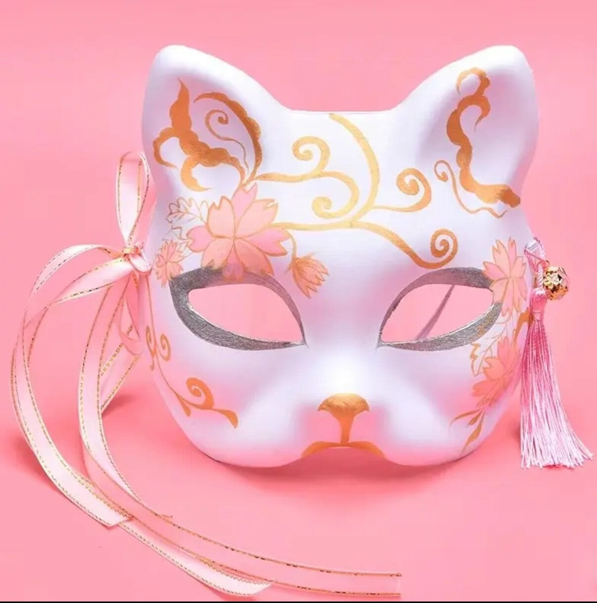 Hand-Painted Kitsune Cat Fox Mask — Japanese Cosplay & Halloween